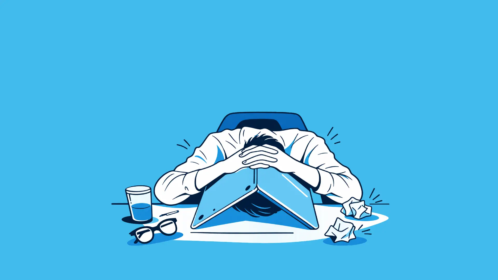 Profesional sufriendo burnout y estrés laboral extremo buscando ayuda psicológica.